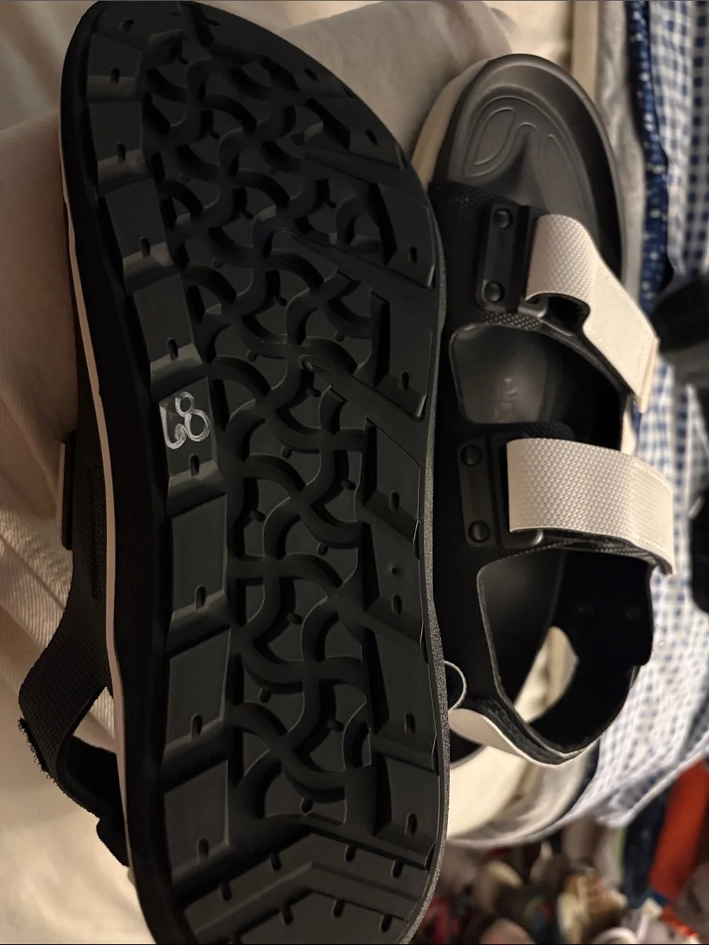 Birkenstock Black Sandals with White Straps and Adjustable Buckles